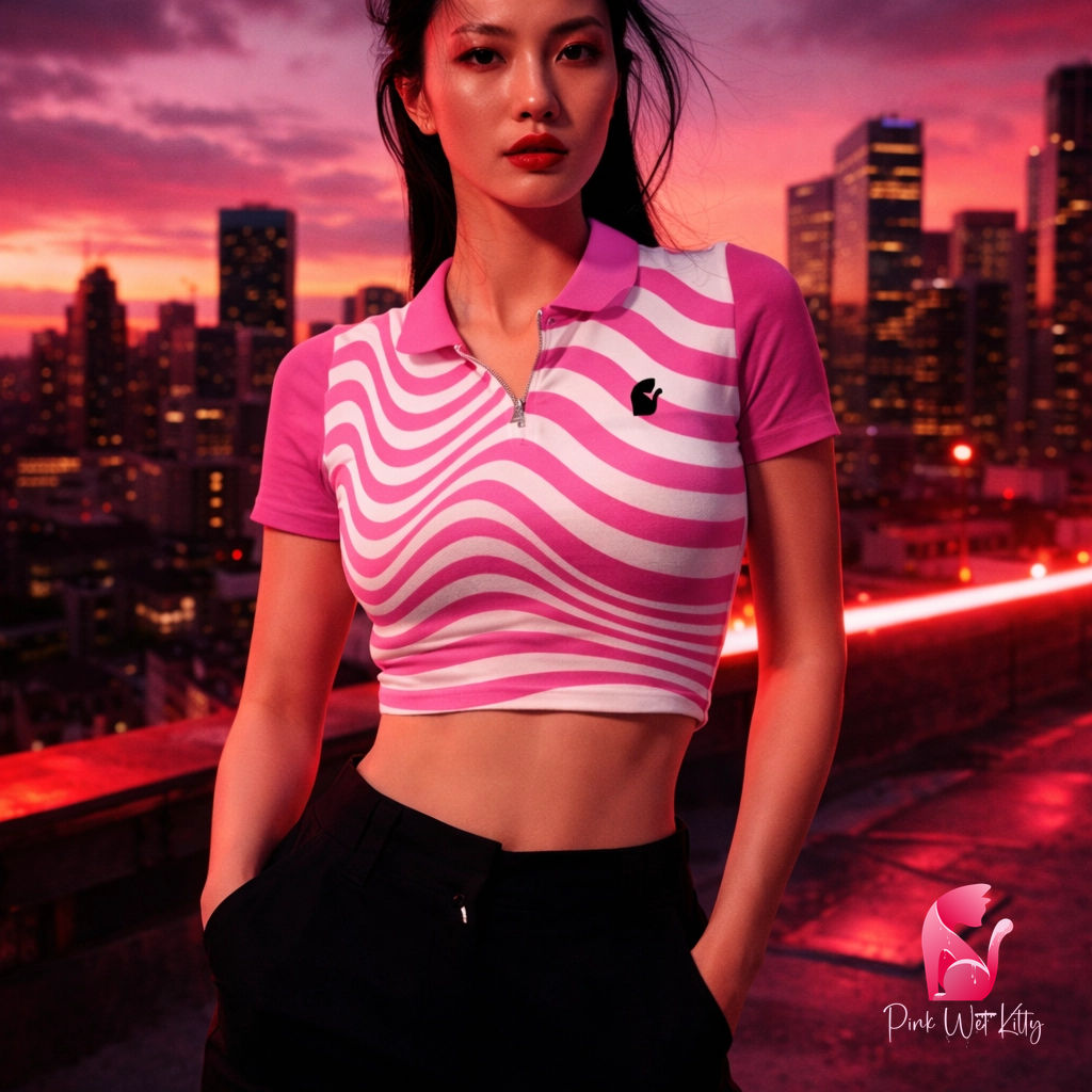 Mesmerizing Kitty Pink and White Polo Crop