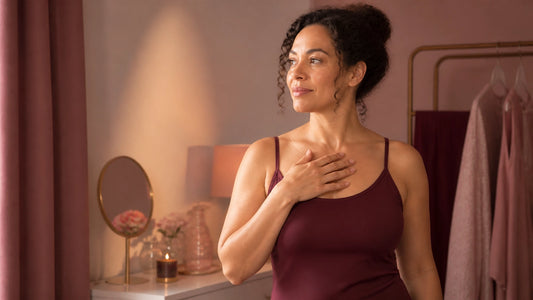 Confident woman practicing calm, everyday breast self-awareness
