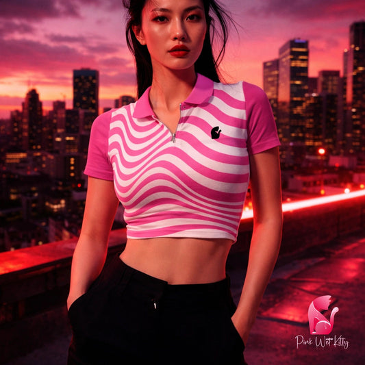 Mesmerizing Kitty Pink and White Polo Crop